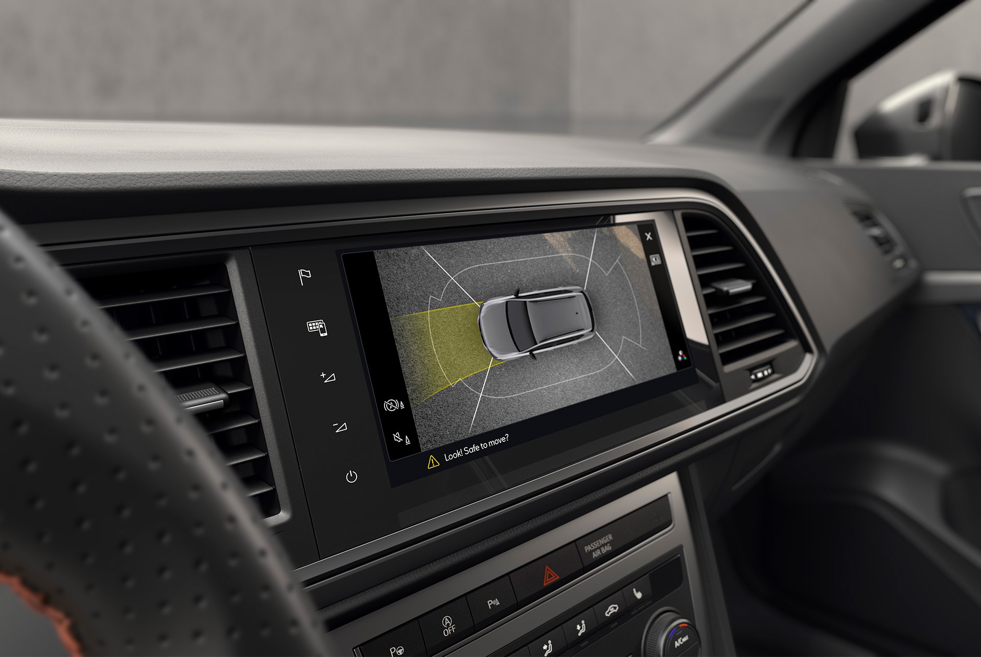 Top View-kamerasystemet i CUPRA Ateca visar bilen ur fågelperspektiv för att underlätta parkering i trånga utrymmen. 
