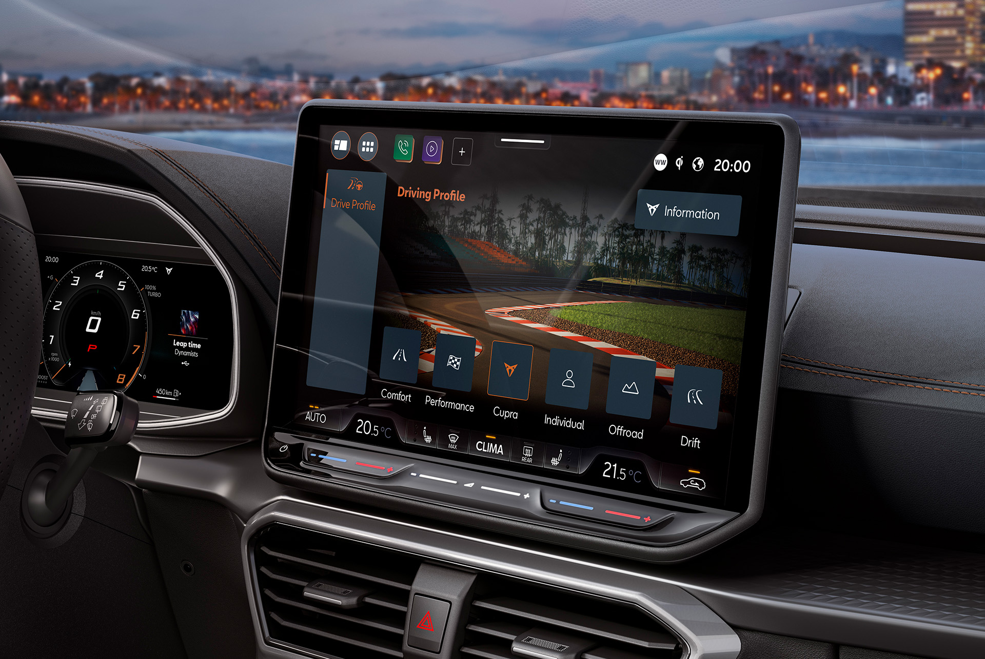 Instrumentpanelsvy av CUPRA Formentor 2025 och skyline.