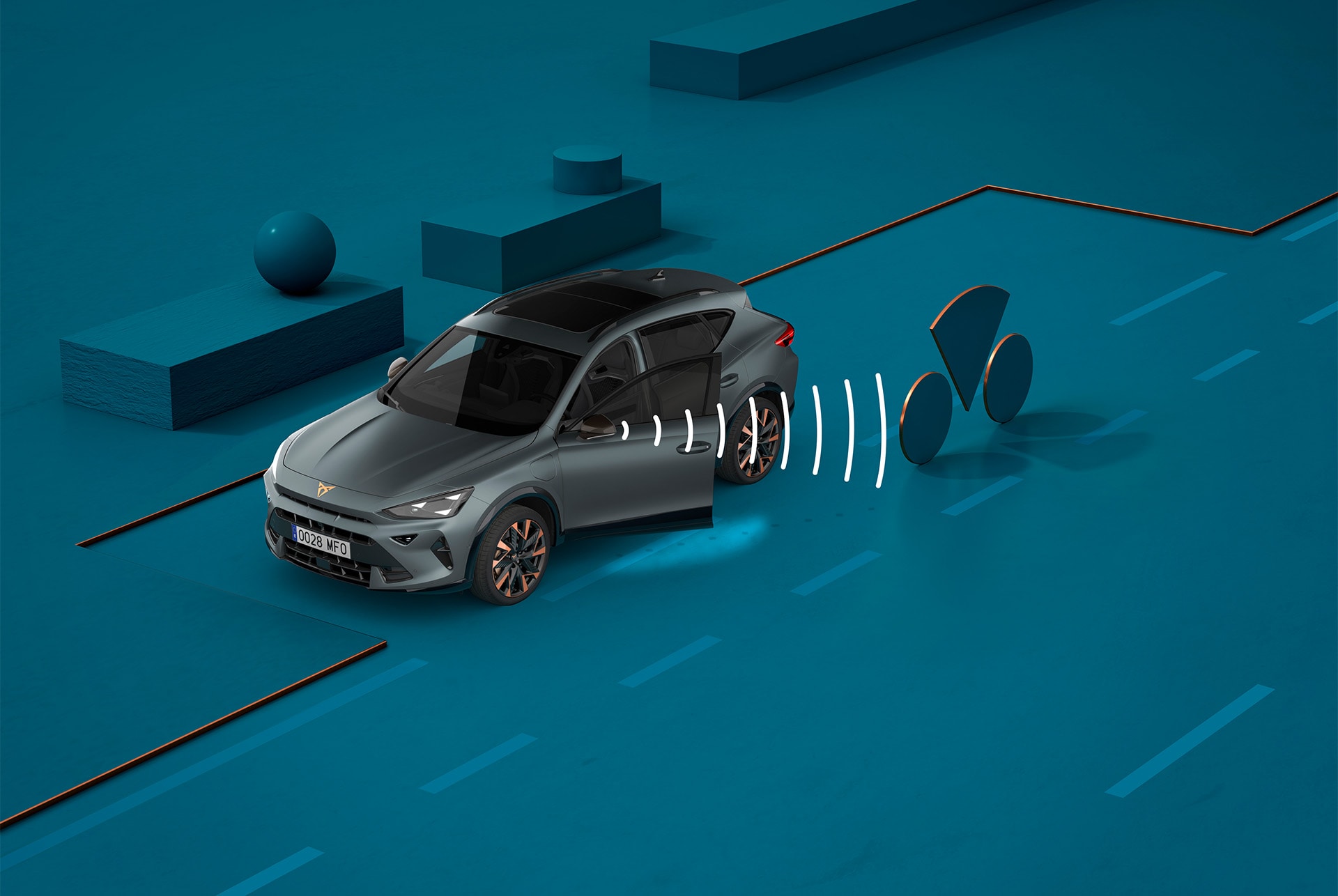 Hur man använder urstigningsvarningssystemet CUPRA Formentor 2025, visuell demo med former och blå bakgrund.