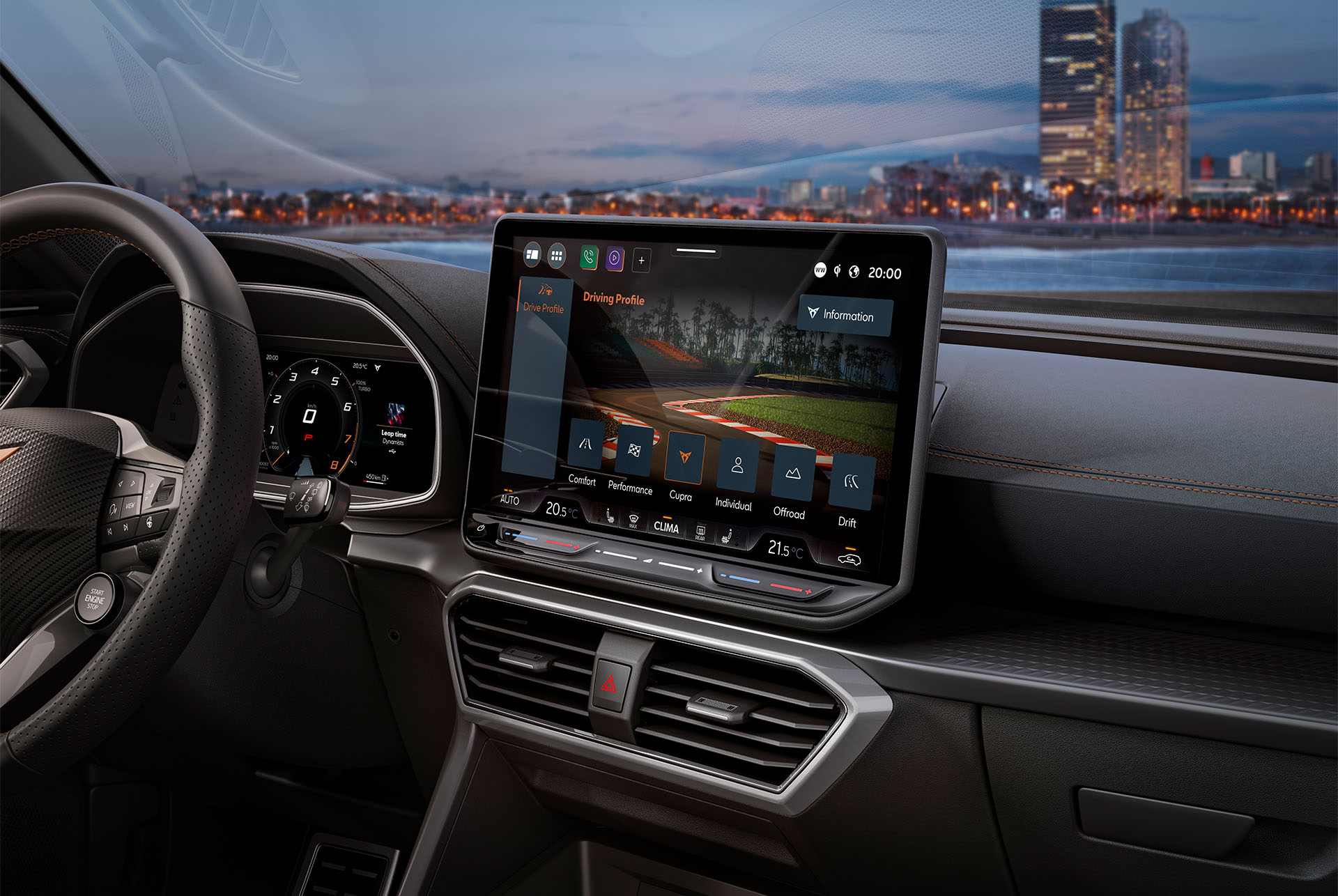 Instrumentpanelvy av nya CUPRA Formentor 2024 och skyline.