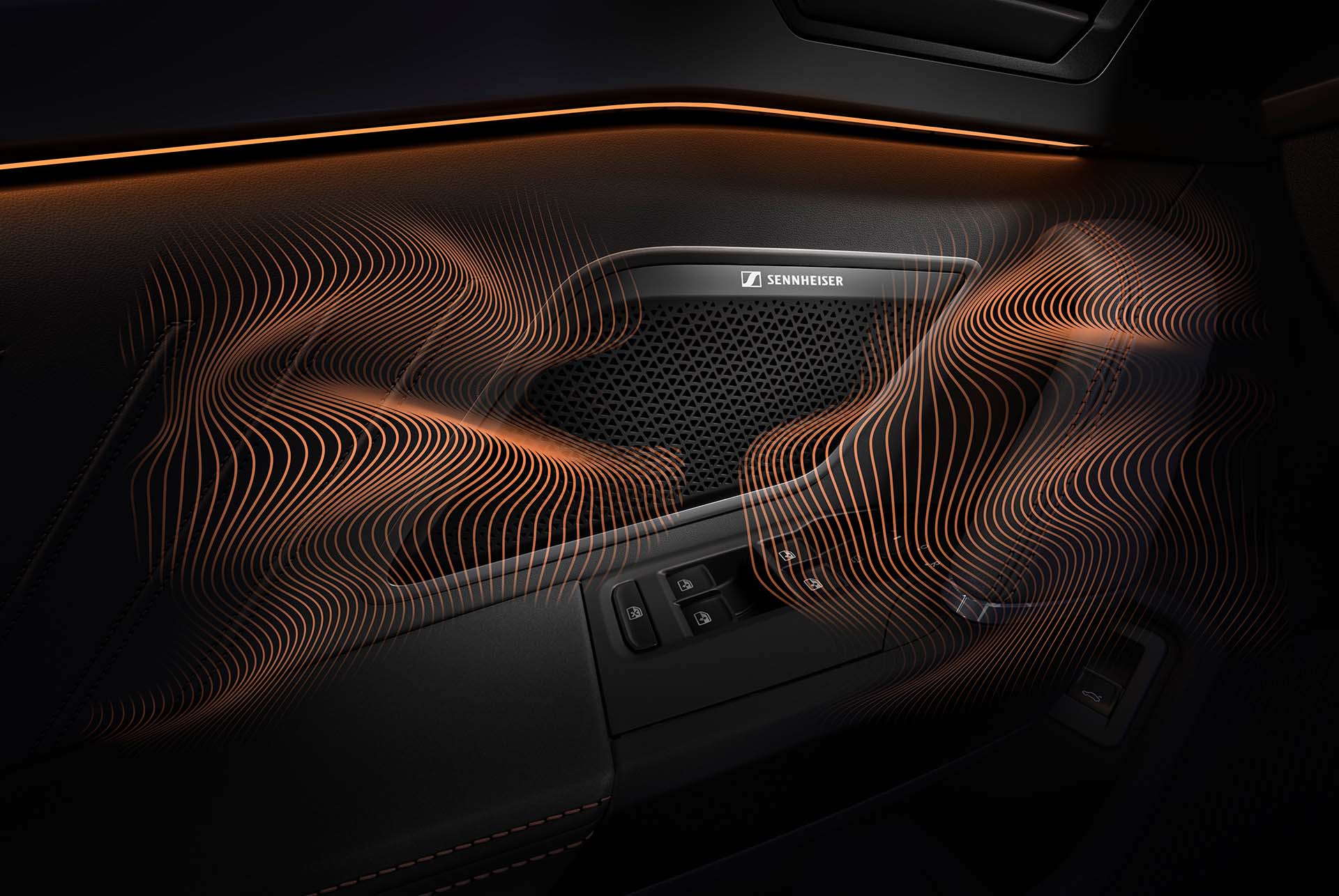 Nya CUPRA Formentor 2024:s interiördesign, Sennheiser™-högtalare, ljudvågor och omgivningsbelysning.
