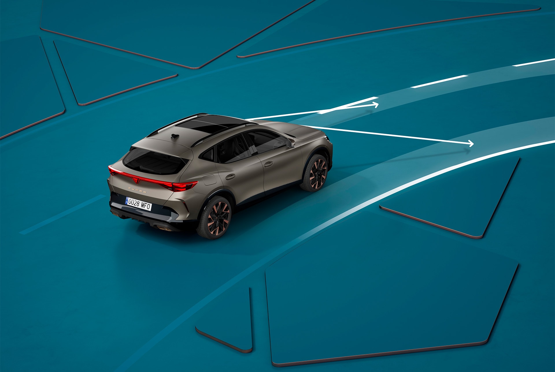 Nya CUPRA Formentor 2024 lane assist plus demo, visuell demonstration med blå bakgrund.