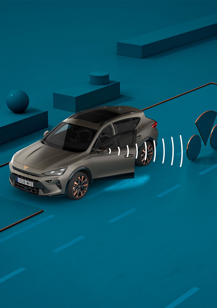 Hur man använder nya CUPRA Formentor 2024 urstigningsvarningssystem, visuell demo med former och blå bakgrund.