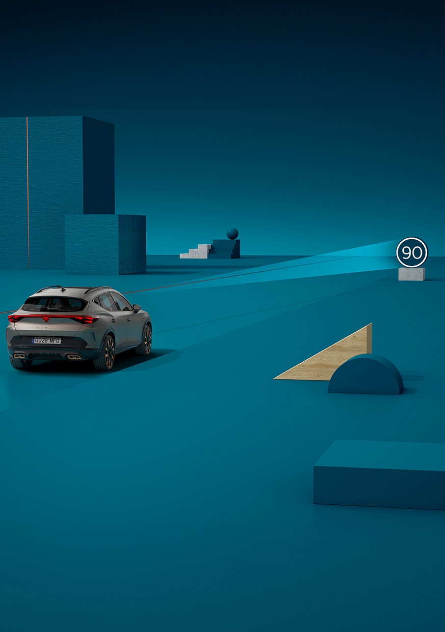 Demonstration av vägmärkesigenkänning i nya CUPRA Formentor 2024, blå bakgrund.