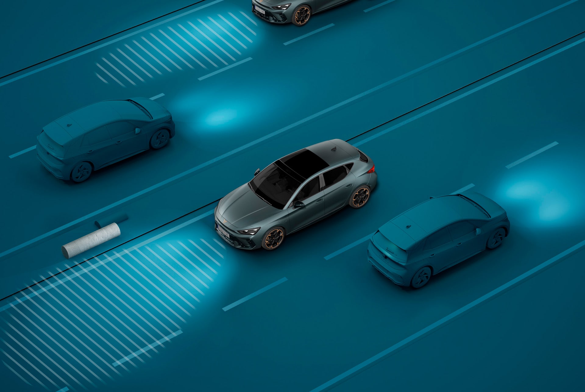 cupra leon sportstourer light assist demo, blå bakgrund visuell demonstration