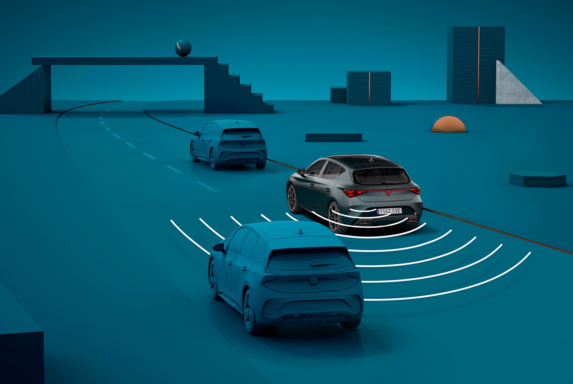 hur man använder urstigningsvarningssystemet i nya cupra leon sportstourer, visuell demo med former och blå bakgrund