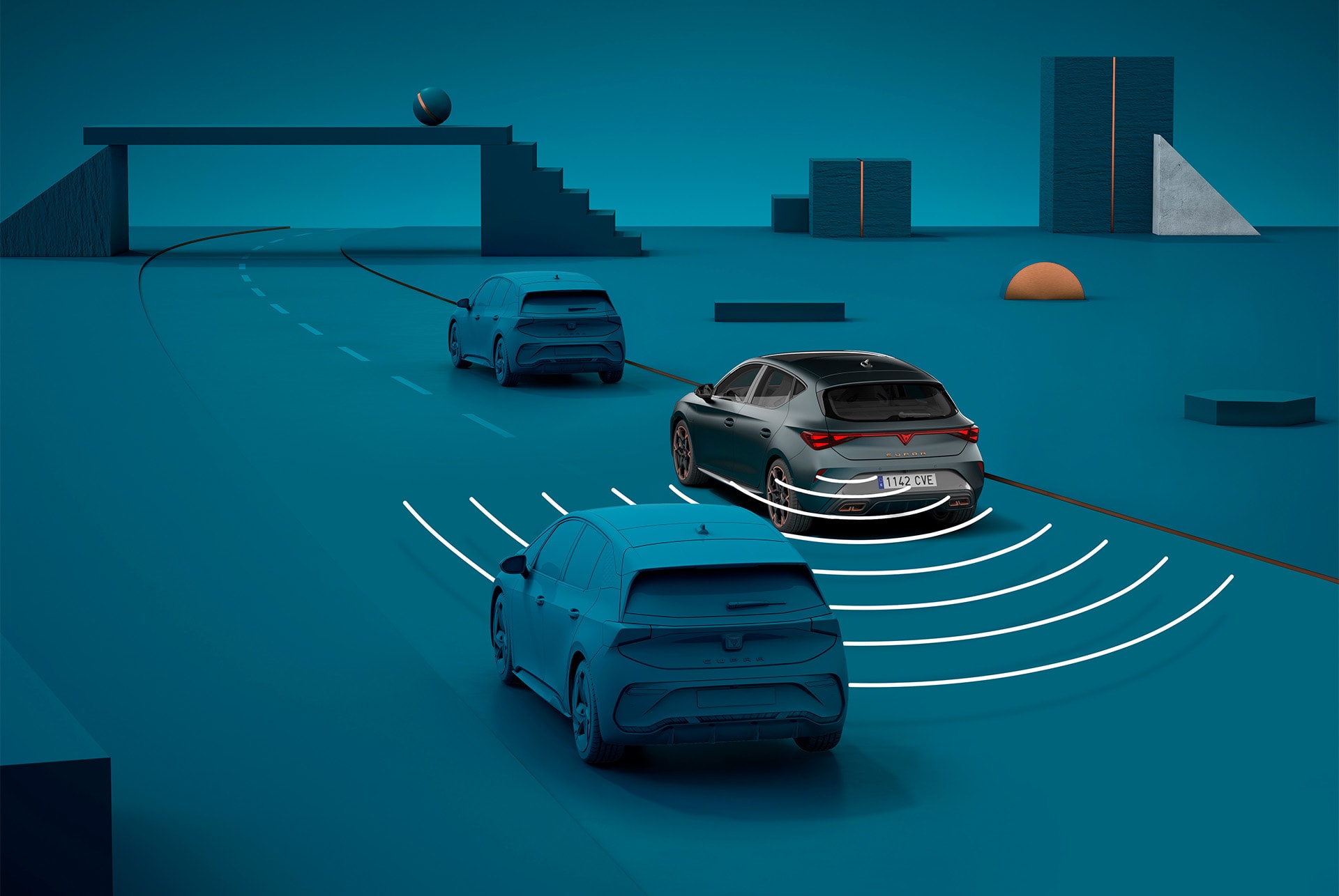 hur man använder urstigningsvarningssystemet i nya cupra leon sportstourer 2024, visuell demo med former och blå bakgrund