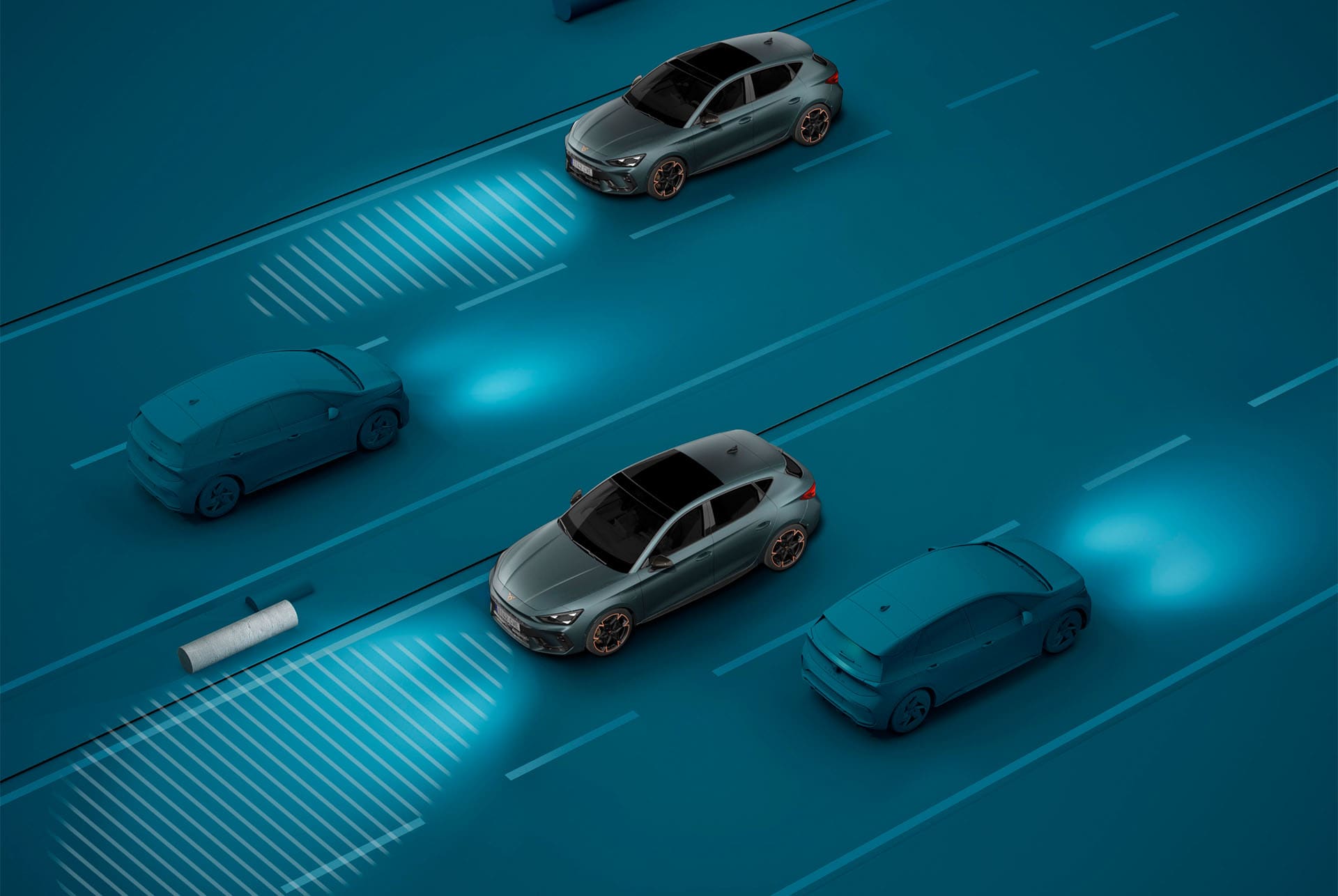 ny cupra leon sportstourer 2024 light assist demo, blå bakgrund visuell demonstration