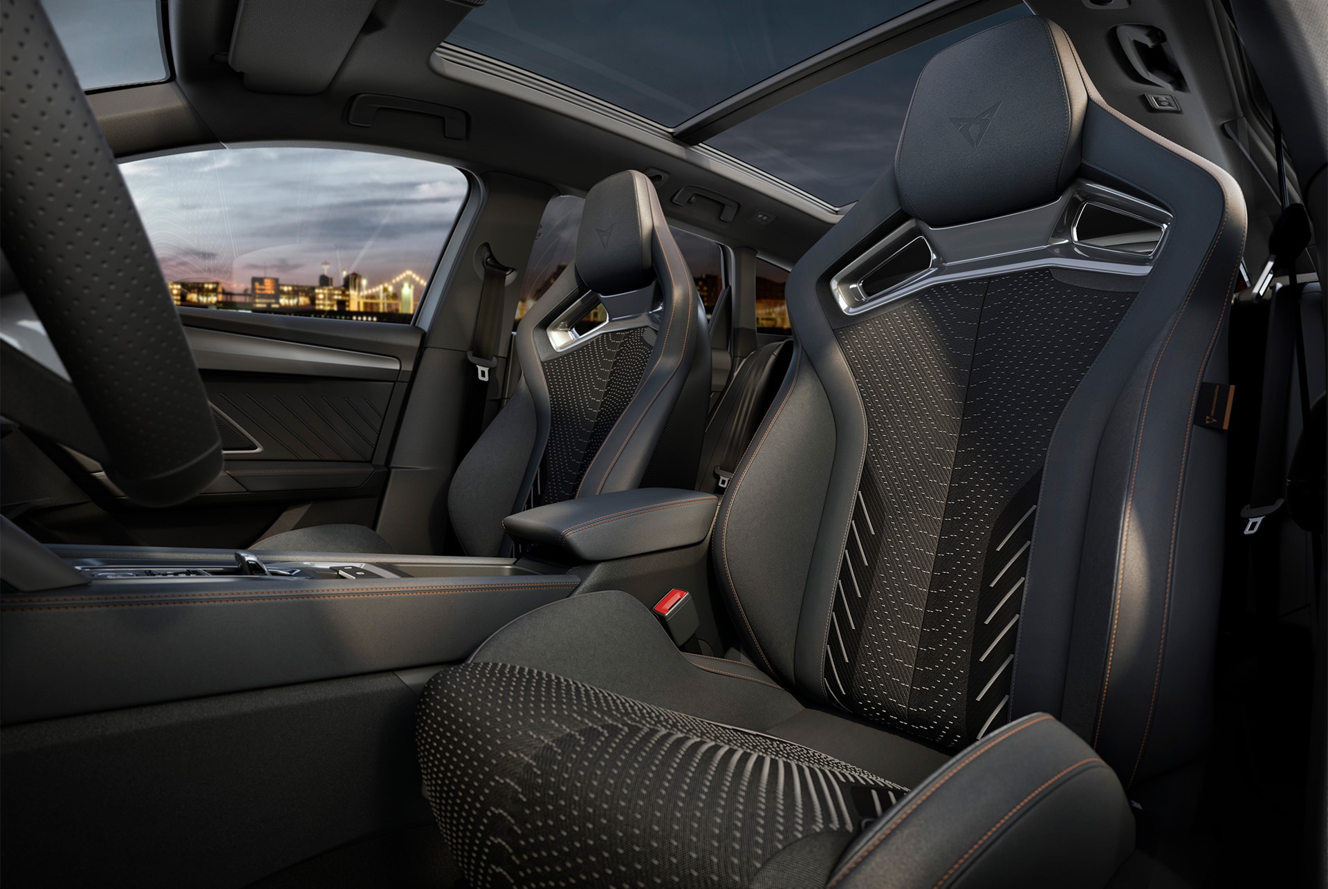 Nya cupra leon sportstourer hybrid interiördesign cockpitklädsel, ratt sedd ur snedvinkel. mittkonsol och fönster
