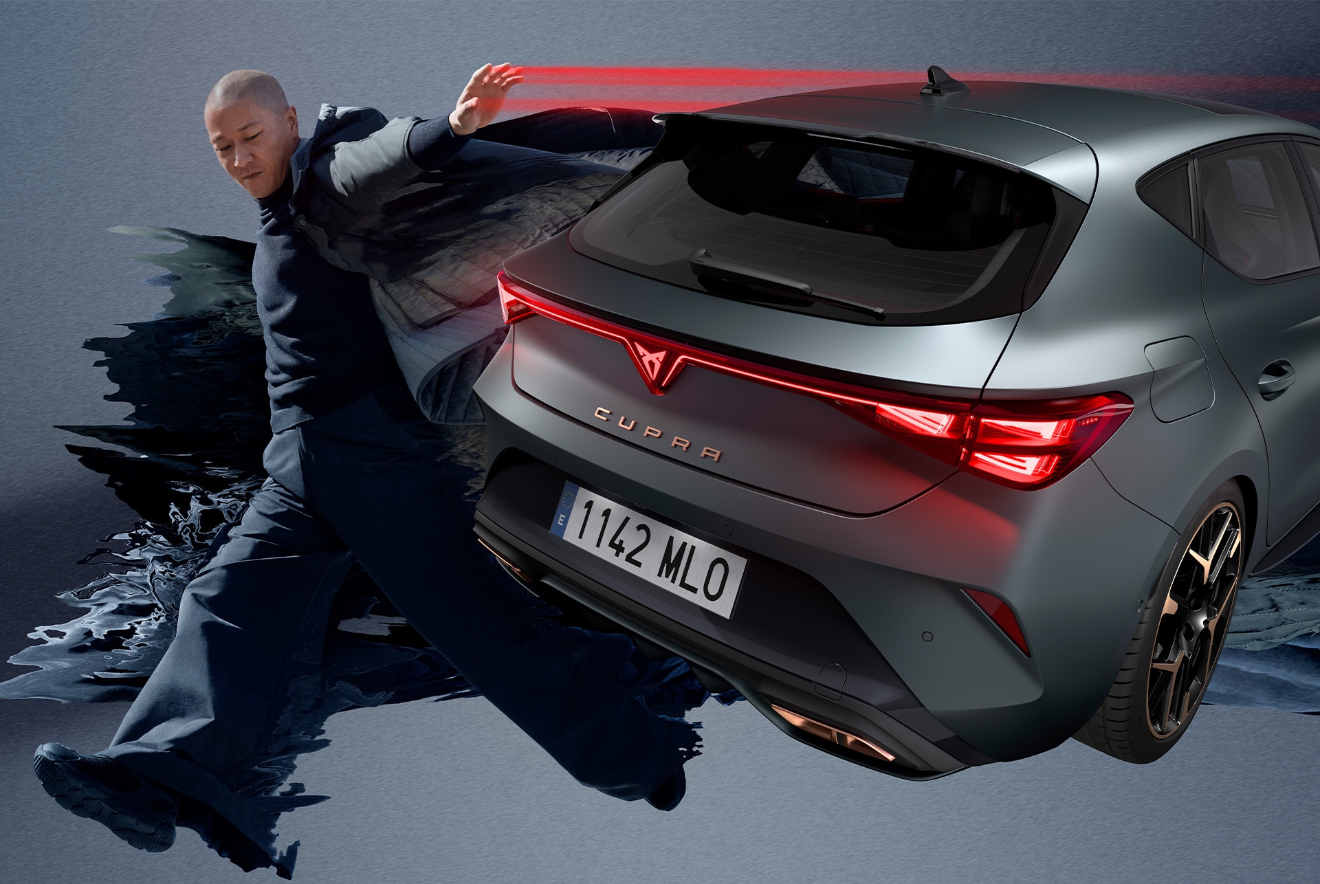 new cupra leon 2024 car model versions and equipment, air intakes, triangle eye headlights, sunset, glass panels, architecture and blue skies.