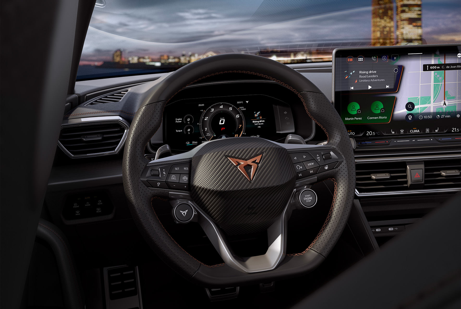 nya cupra leon 2024 intelligent drive-ratt med satellitstyrning, säkerhetsteknik, avancerade assistanssystem, adaptiv farthållare, körfältsassistent och dynamisk vägmärkesvisning i realtid.