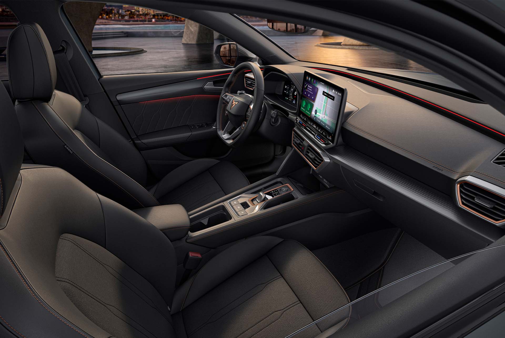 ny cupra leon 2024 dynamisk interiördesign, sportiga skålade säten, panelbelysning, infotainment