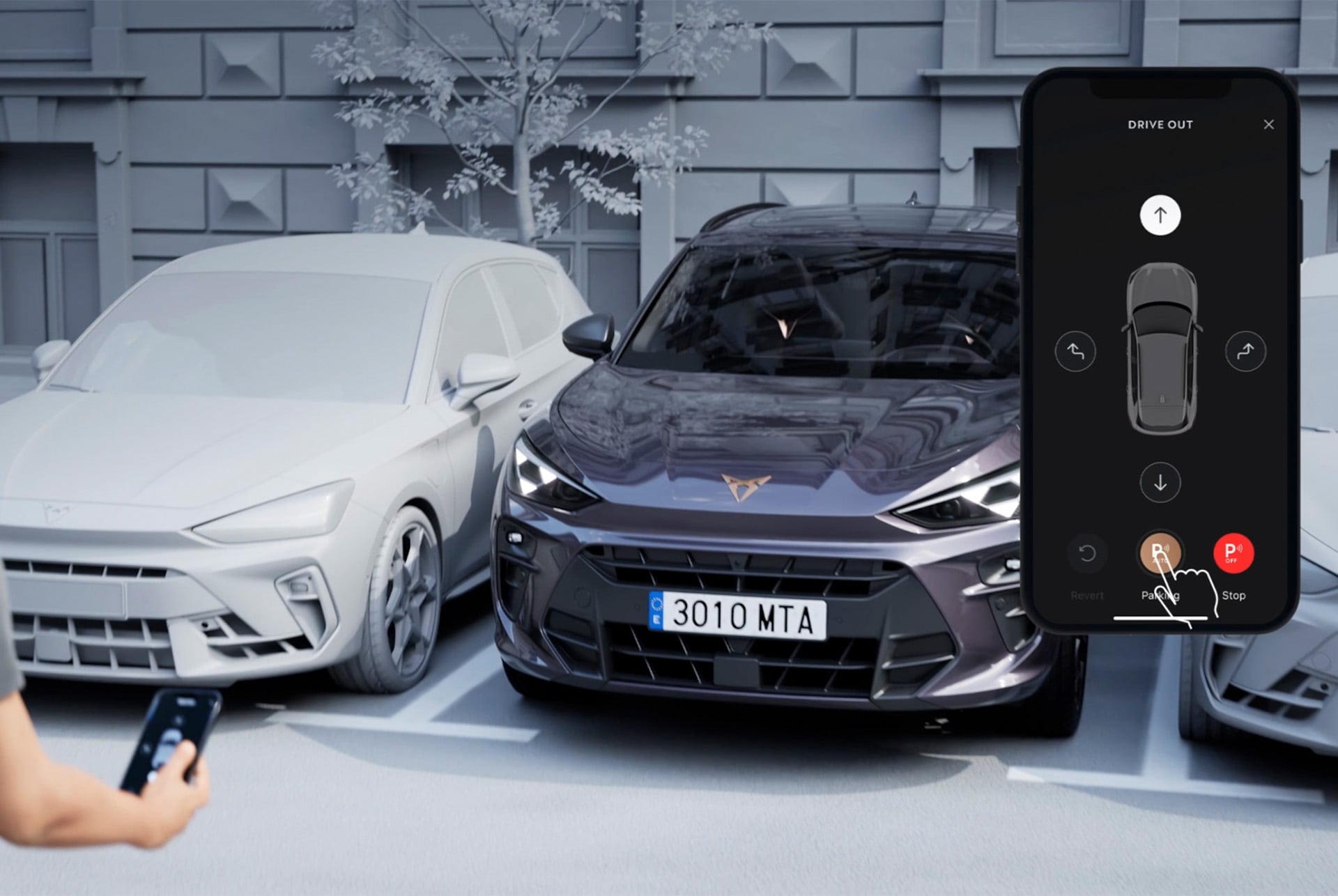 Bild på funktionen fjärrstyrd park assist i CUPRA Terramar, som illustrerar avancerad teknik för parkering som gör att du kan fjärrstyra manövrar via din smartphone för bättre komfort.