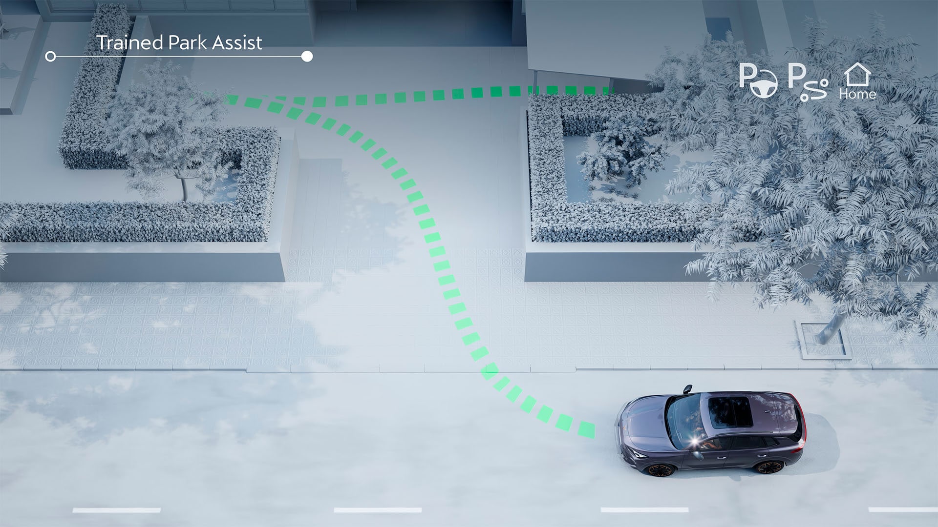 Animering av funktionerna intelligent park assist och inlärd park assist i CUPRA Terramar, som visar avancerade förarassistanssystem för halvautonom körning och parkering.