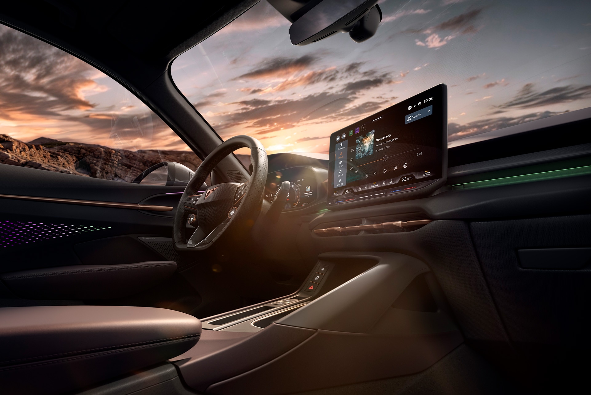 Närbild av den läderklädda multifunktionssportratten i cupra terramar med integrerad uppvärmning och tiptronic-funktion