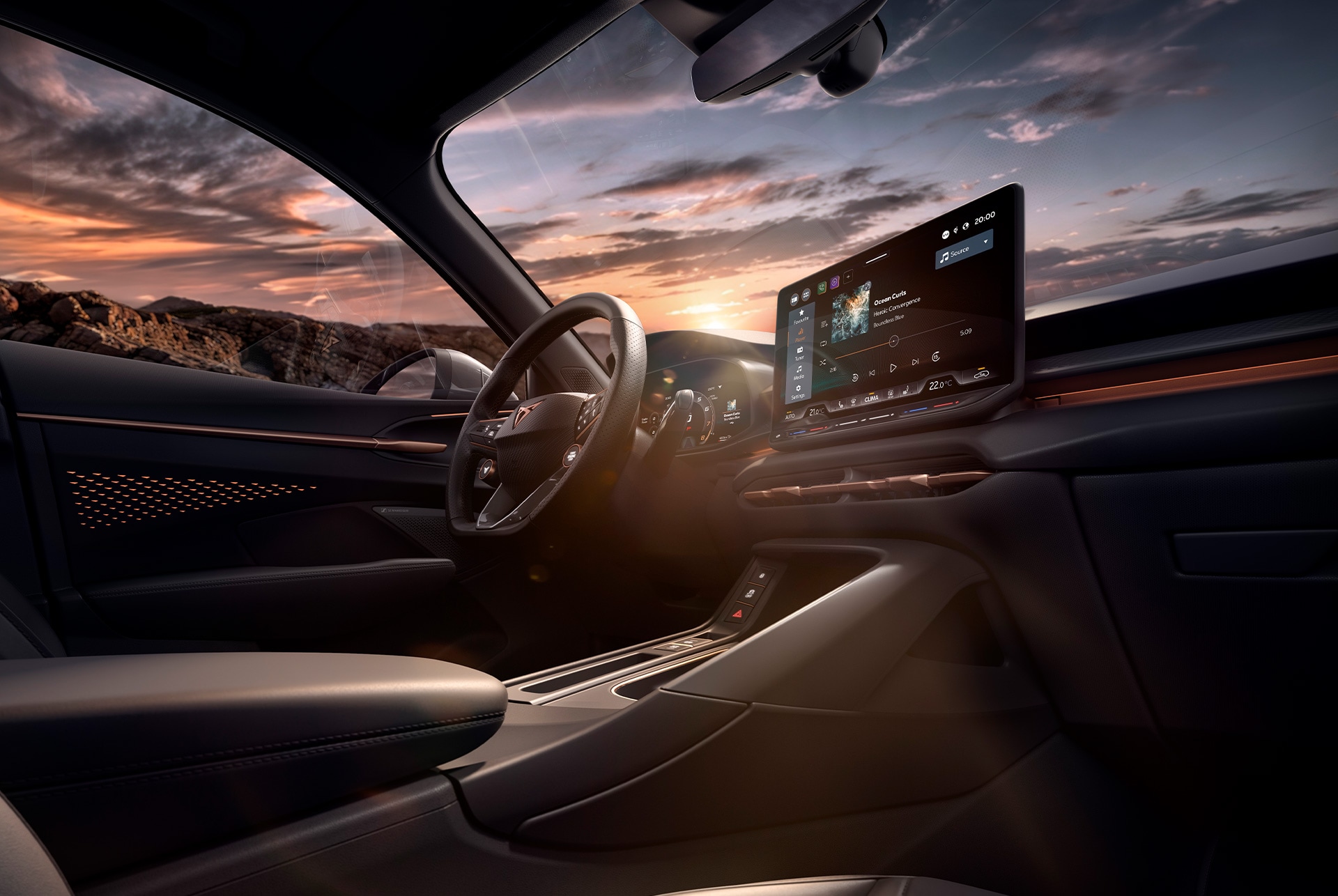 nya cupra terramar vz high canyon bilinteriör, med ett 12,9-tums infotainmentsystem, instrumentpanel, ratt med växelspak, knappar och uppvärmda funktioner.
