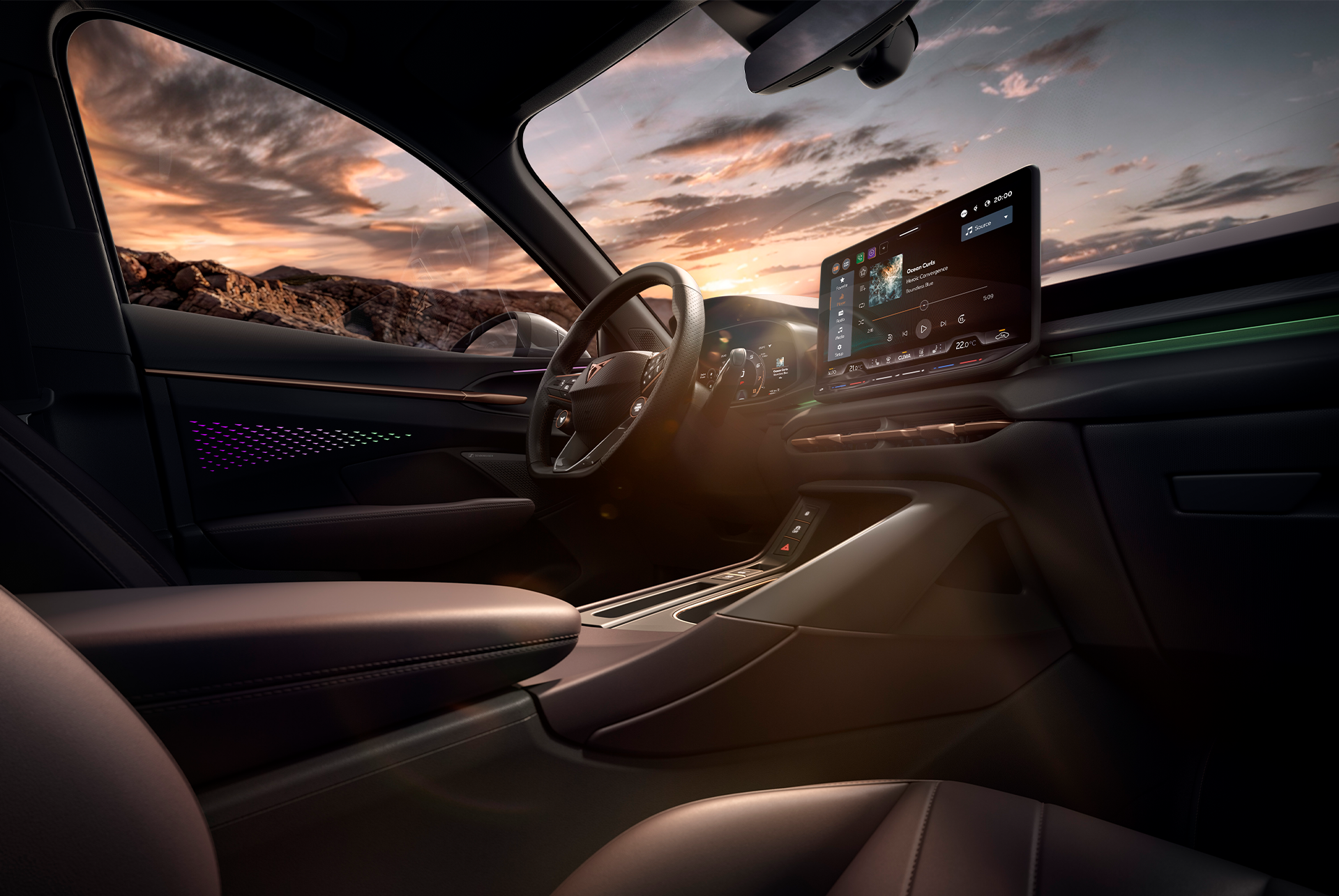 nya cupra terramar vz high canyon bilinteriör, med ett 12,9-tums infotainmentsystem, instrumentpanel, ratt med växelspak, knappar och uppvärmda funktioner.