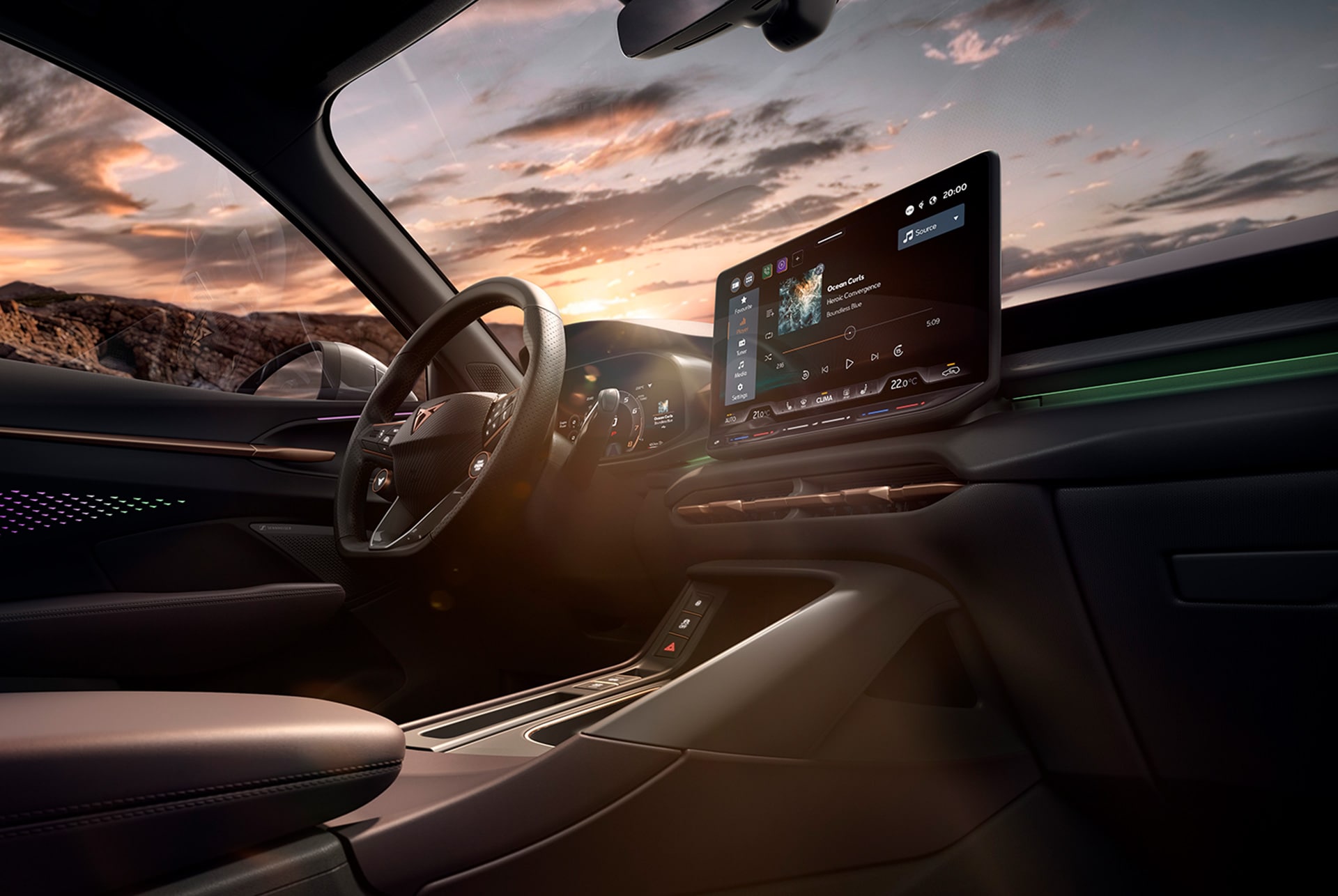 ny cupra terramar, interiör med infotainmentsystem, växelpaddlar och instrumentbräda med koppardetaljer