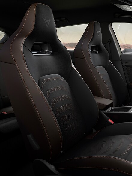 CUPRA Formentor VZ5 interior with nappa brown leather bucket seats finished with copper stitching